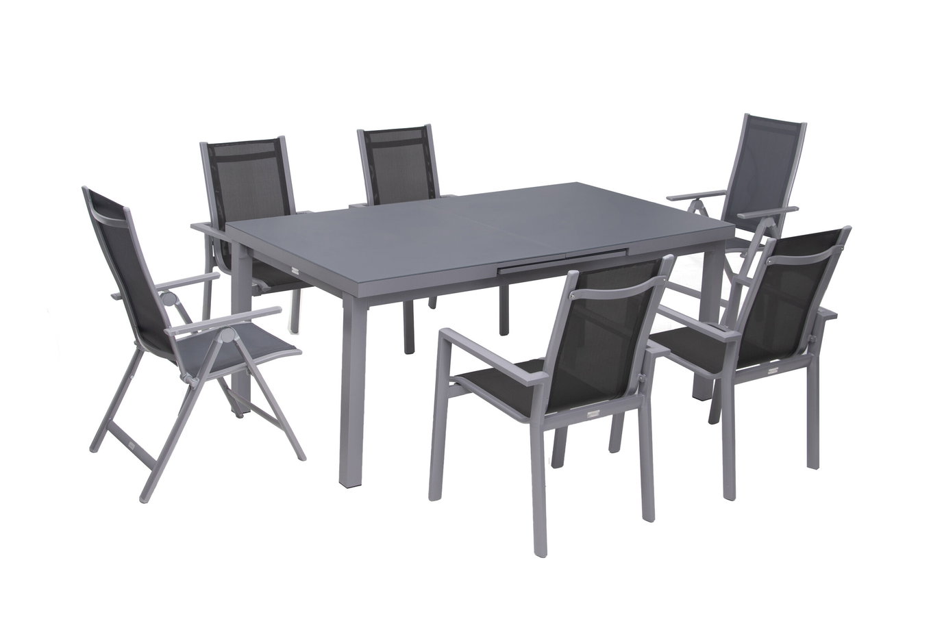 Salon de jardin Premium OUTFLEXX, argent/gris, alu/textilène, table extensible 180/240 x 100 cm, 4 fauteuils empilables, 2 chaises pliantes 21435__1