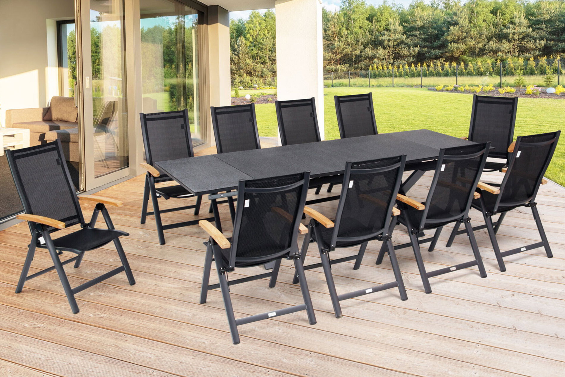 OUTFLEXX Ensemble repas de jardin, OUTFLEXX® anthracite mat, Alu / Spraystone / Teck, Table 180/280x100cm, 10 chaises pliantes 22126__1