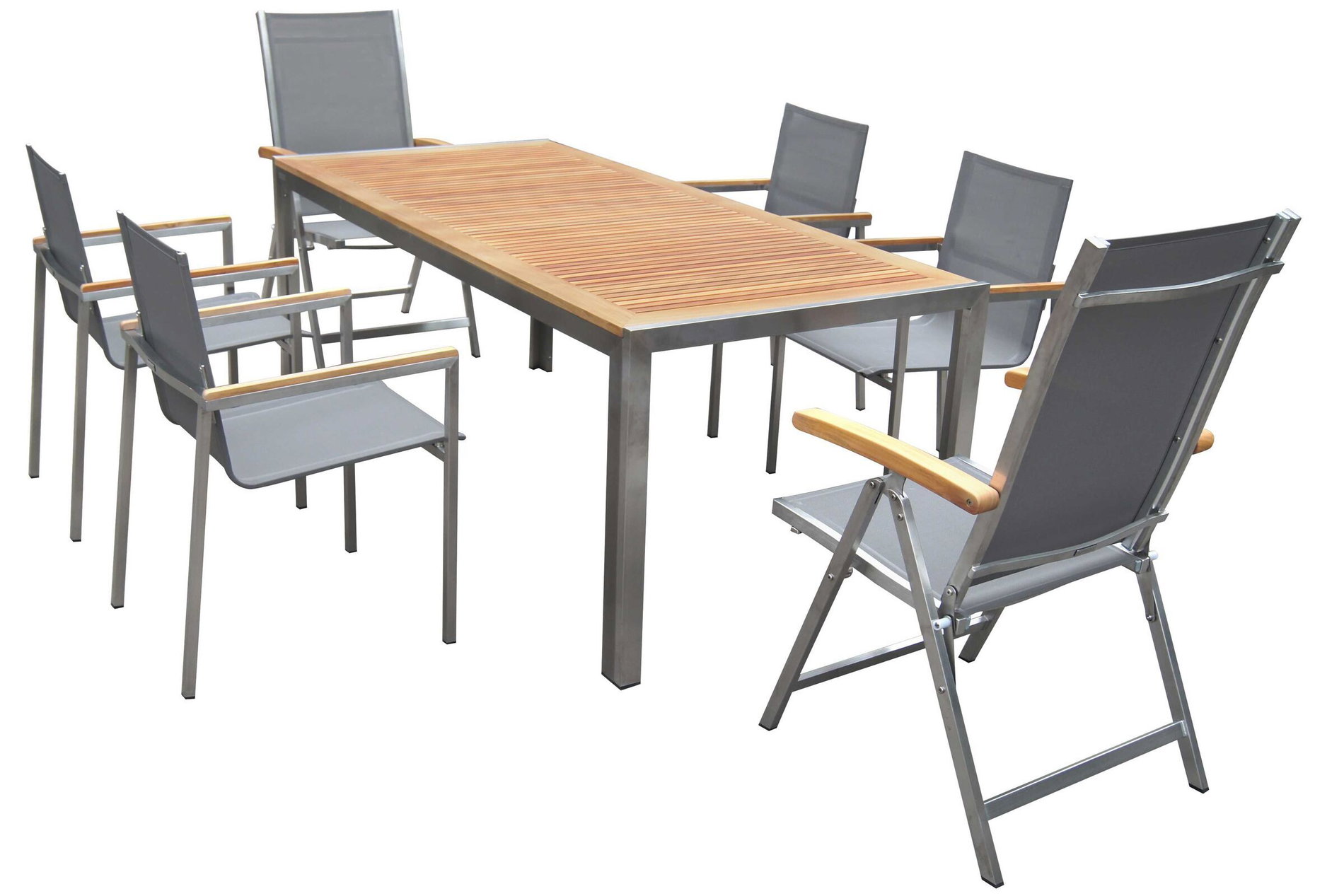 OUTFLEXX Ensemble table à manger de jardin, argent, acier inoxydable/teck, table 200 x 90 cm, 4 chaises empilables, 2 chaises pliantes 14216__1