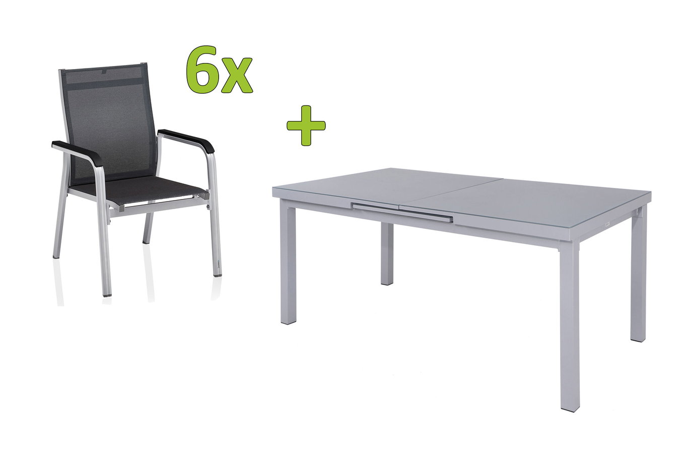 KETTLER BasicPlus Premium Salon de jardin repas, argent, Alu/Textilène, Table 180/240 cm, 6 Fauteuils empilables 31514__1
