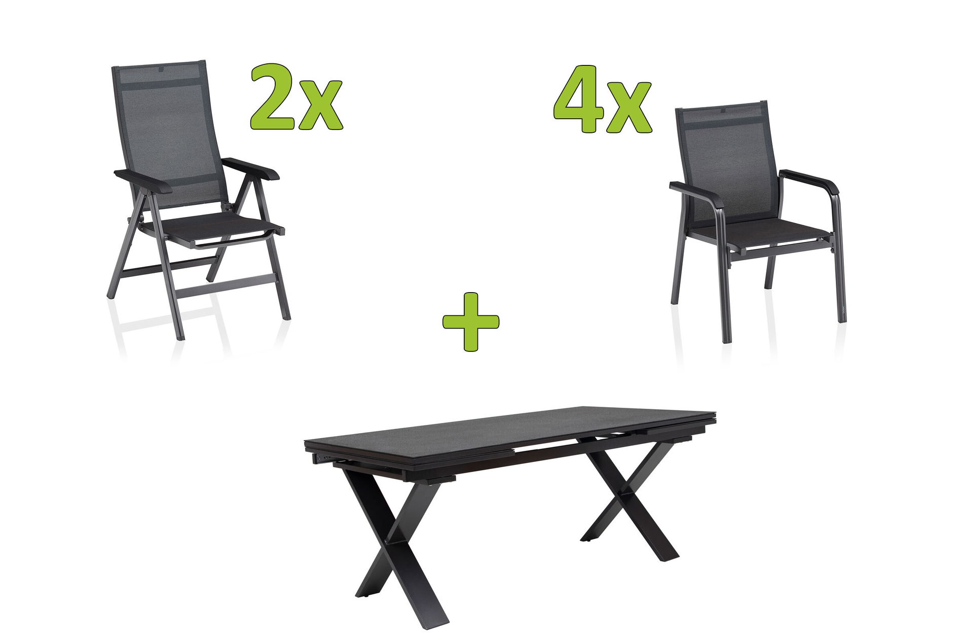 KETTLER BasicPlus Premium Salon de jardin, anthr., Alu/Spraystone, Table 180/280 cm, 4 fauteuils empilables, 2 chaises pliantes 31548__1