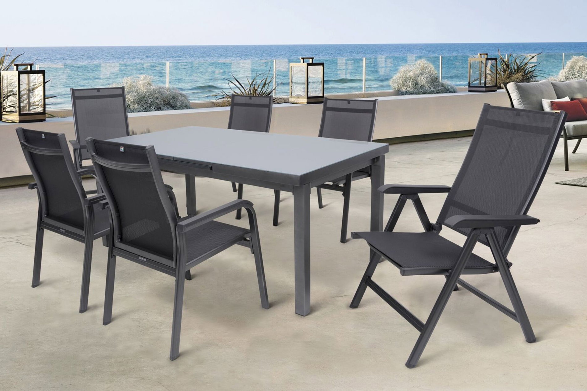 KETTLER BasicPlus Salon de jardin, anthracite, Alu/Textilène, Table 180/240x100cm, 4 fauteuils empilables, 2 chaises pliantes 19317__1