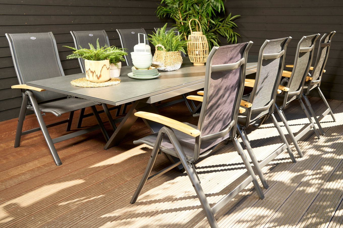 HARTMAN Xanadu/Alice Ensemble repas de jardin, xerix, Alu/Verre-céramique/Teck/2x2 Textiles, 220/280x100 cm, 8 Chaises pliantes, Piétement en X 24173__1