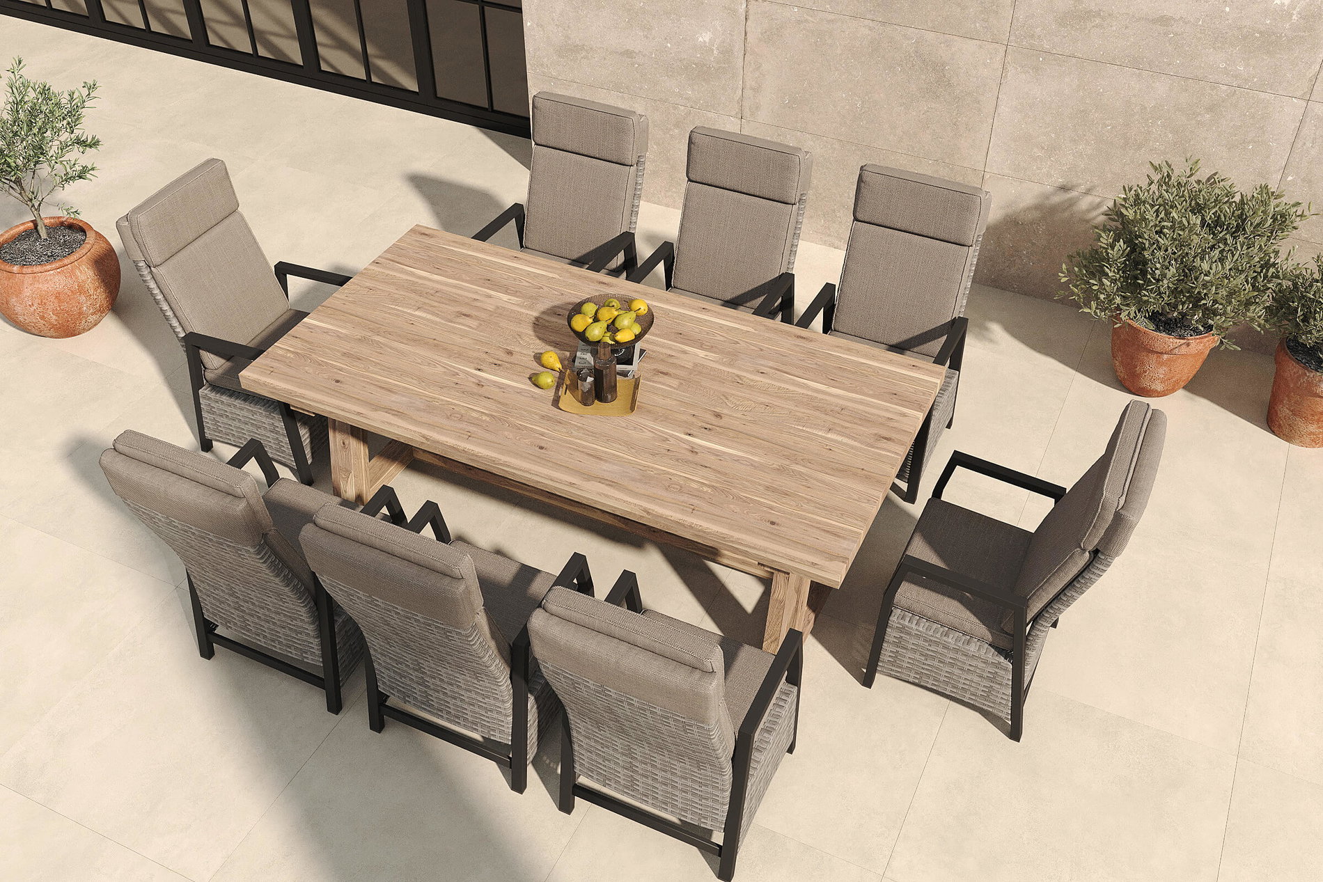 OUTFLEXX Nova Garten-Essgruppe mit 8 Sesseln, anthrazit/grau/natur, Alu/Polyrattan/Teakholz, 220 x 110 cm, verstellbare Rückenlehne