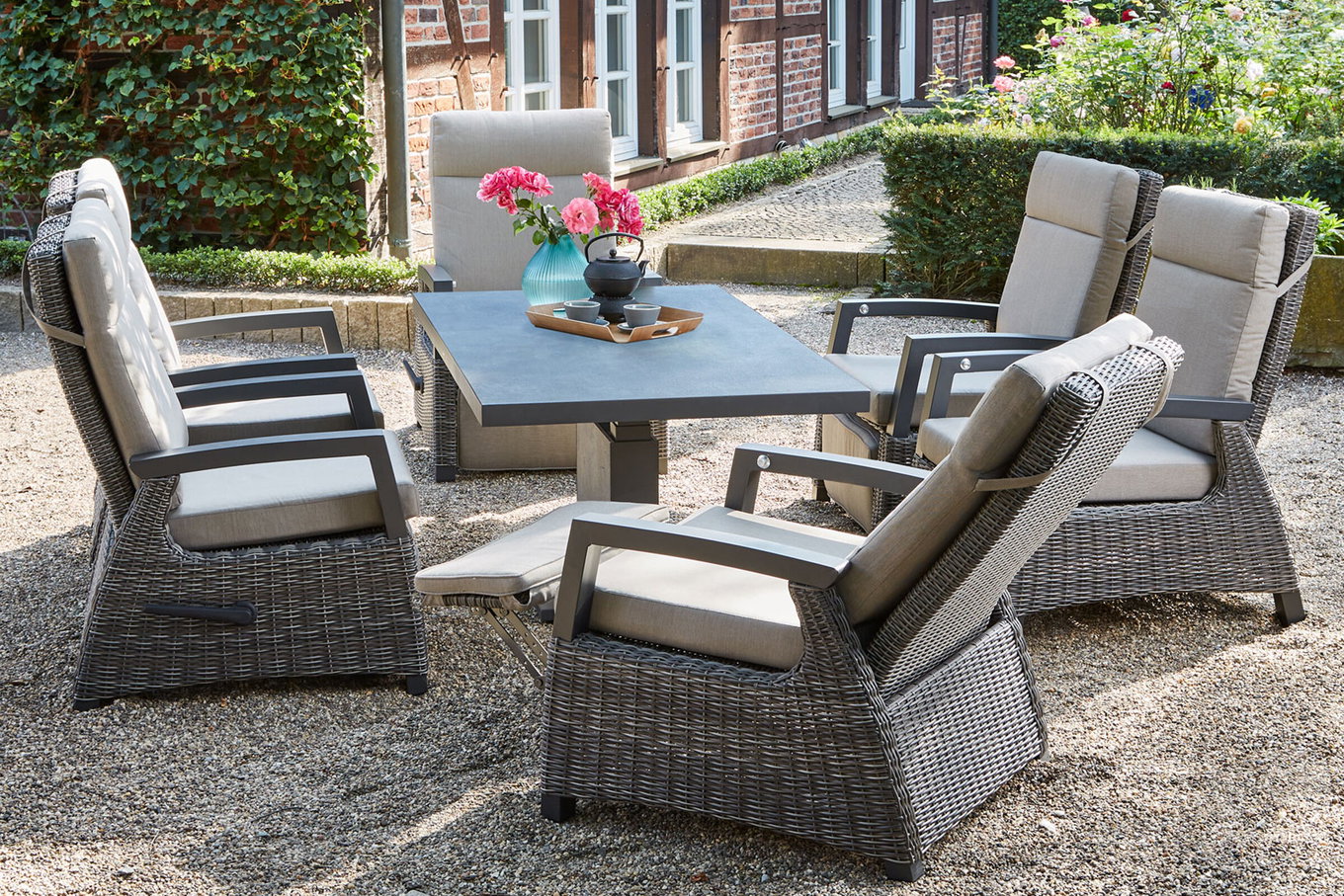 SIENA GARDEN Corido/Bellani Grau salon de jardin, charcoal/anthracite/gris, Alu/tressage Gardino®, table relevable 160x90 cm, 6 fauteuils relax 22115__1