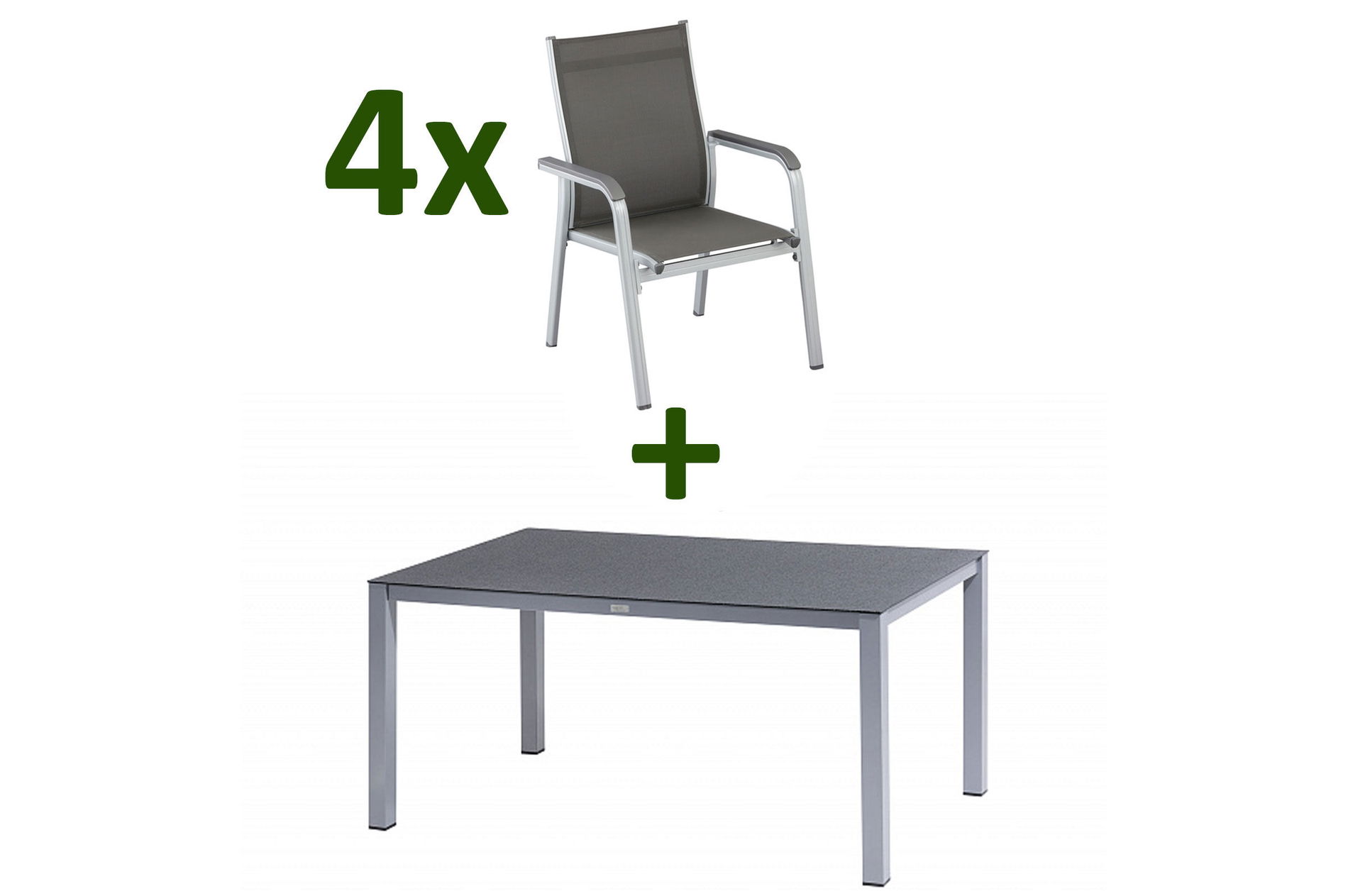 KETTLER BasicPlus Ensemble repas de jardin, argent/anthracite, Alu/Spraystone/Textile, 160x95 cm, 4 Fauteuils empilables 28318__1