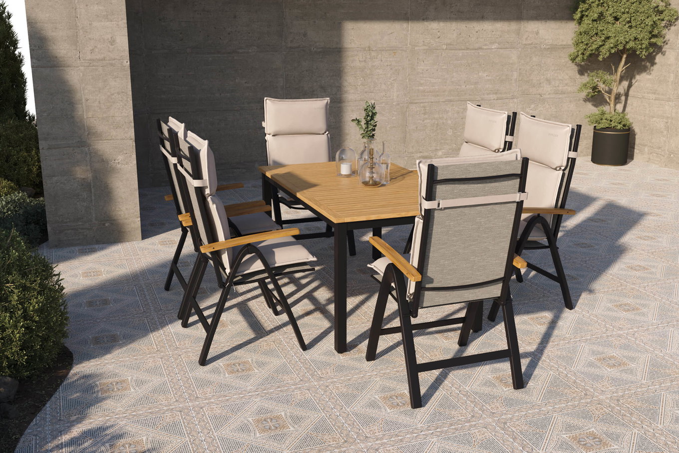 Salon de jardin VILLANA Lagos, noir/gris foncé, alu/eucalyptus/textilène, 150/200 x 90 cm, extensible, pliable, résistant aux intempéries, produit certifié FSC® 80727__1
