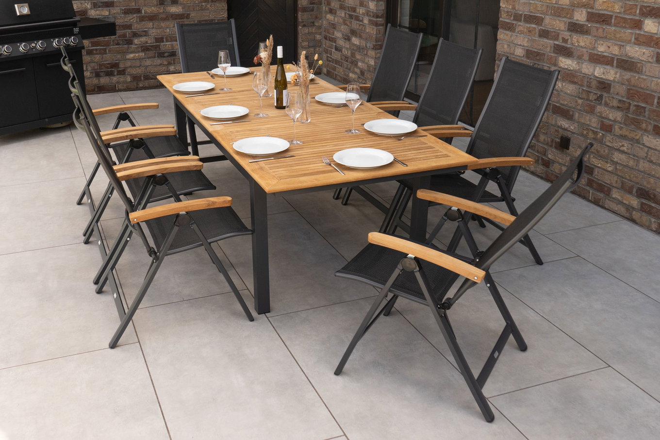 Salon de jardin OUTFLEXX, OUTFLEXX® anthracite mat, Alu / Teck / Textile, Table 180/240x100cm, 8 chaises pliantes 22186__1