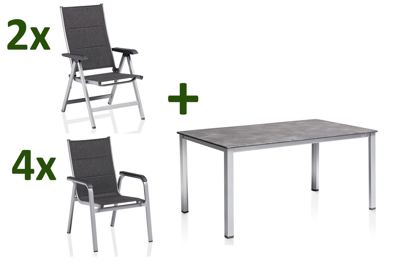 KETTLER Cubic/ Basic Plus Padded Groupe repas de jardin, argent/anthracite, Alu/Textilène, Table 160x90 cm, 4 fauteuils empilables, 2 chaises pliantes, rembourrées 28703__1