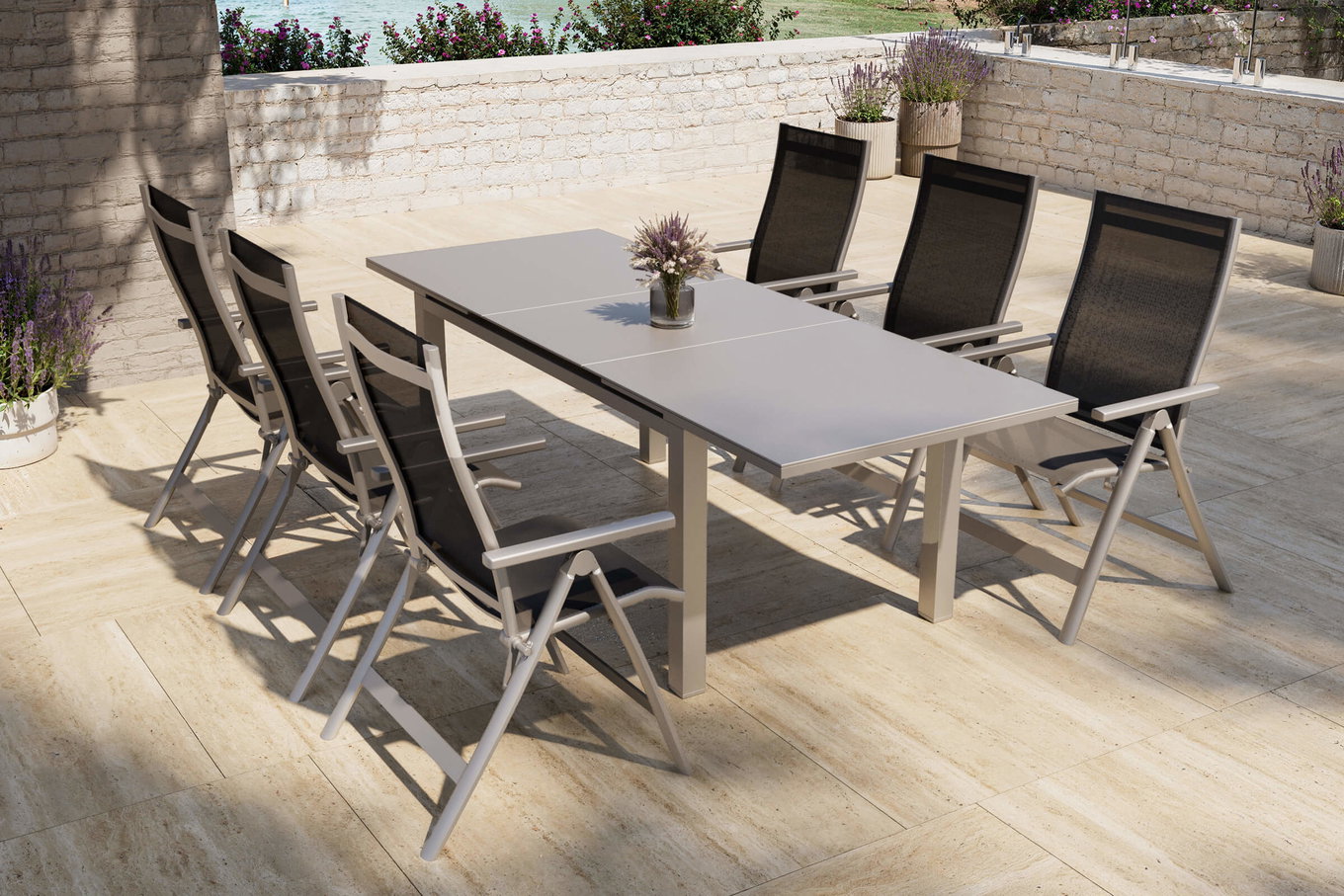 OUTFLEXX Ensemble de repas de jardin Premium, argent/anthracite, Alu/Textilène, Table extensible 180/240 x 100 cm, 6 chaises pliantes 21431__1