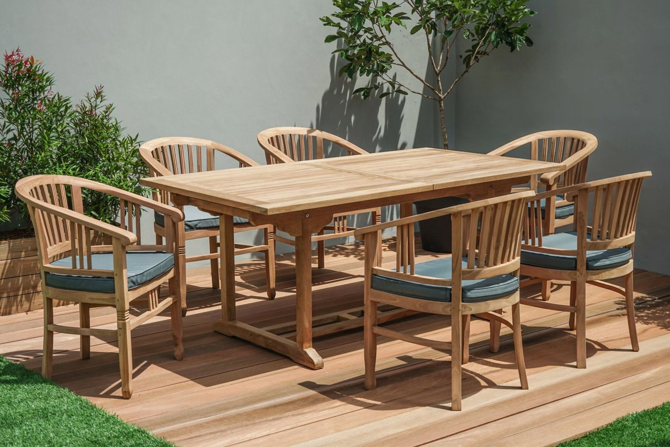 OUTFLEXX Ensemble repas de jardin, bois de teck, table extensible 160/210 x 90 cm, 6 fauteuils avec accoudoirs, coussins inclus 19366__1