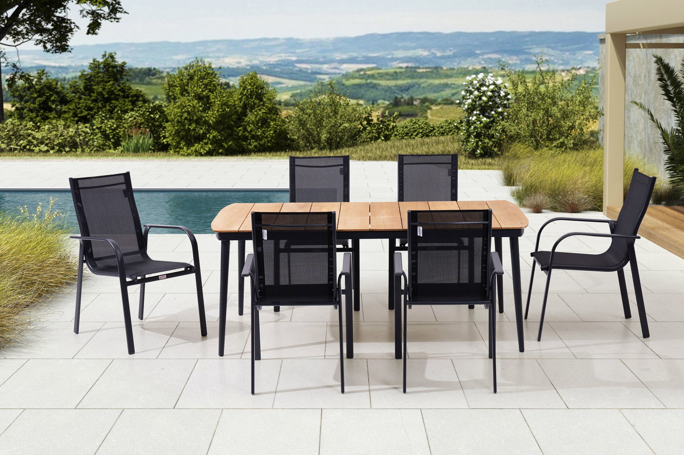 Salon de jardin OUTFLEXX, anthracite mat, Alu/Teck/Textilène, 184x100 cm, 6 chaises empilables 28213__1