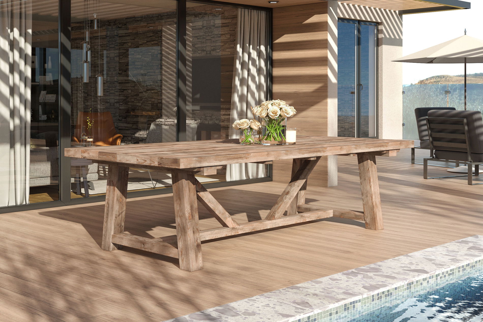 OUTFLEXX Table à manger XXL, naturel, teck recyclé, 220x110cm, brossée rustique, épaisseur plateau 4cm, produit certifié FSC®