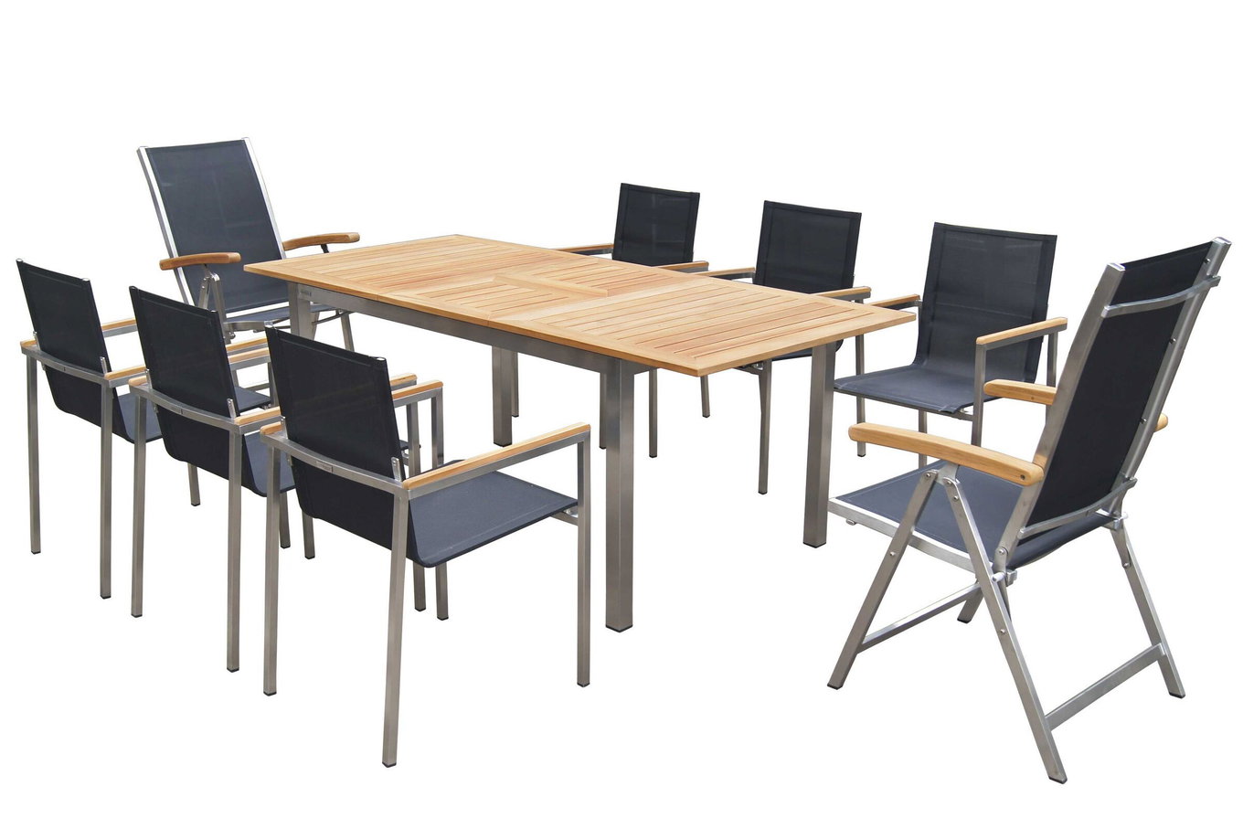 OUTFLEXX Ensemble repas jardin, noir, 150 x 90 cm, acier inoxydable/teck, table extensible, 6 chaises, 2 chaises pliantes 14236__1