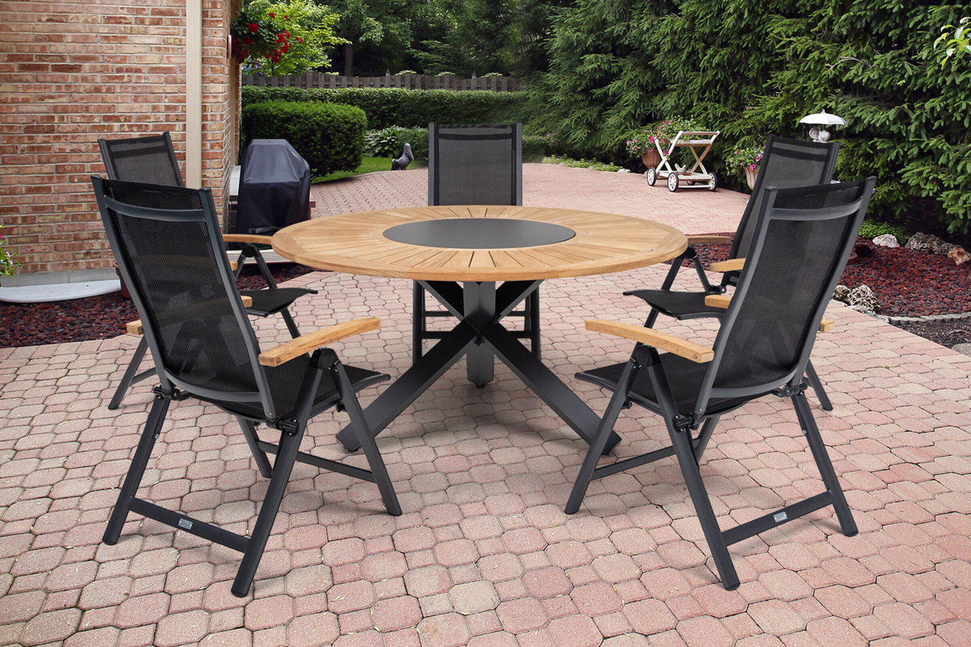 OUTFLEXX Groupe repas jardin, OUTFLEXX® anthracite mat, Teck / Alu / Textile, Table à manger Ø 150 cm, 5 chaises pliantes 22200__1