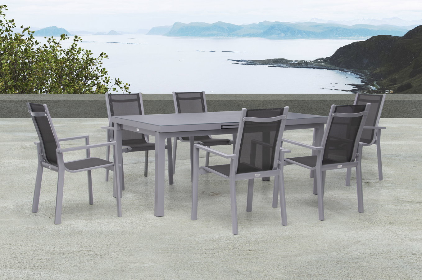 Salon de jardin Premium OUTFLEXX, argent/gris, Alu/Textilène, Table extensible 180/240 x 100 cm, 6 fauteuils empilables 21433__1