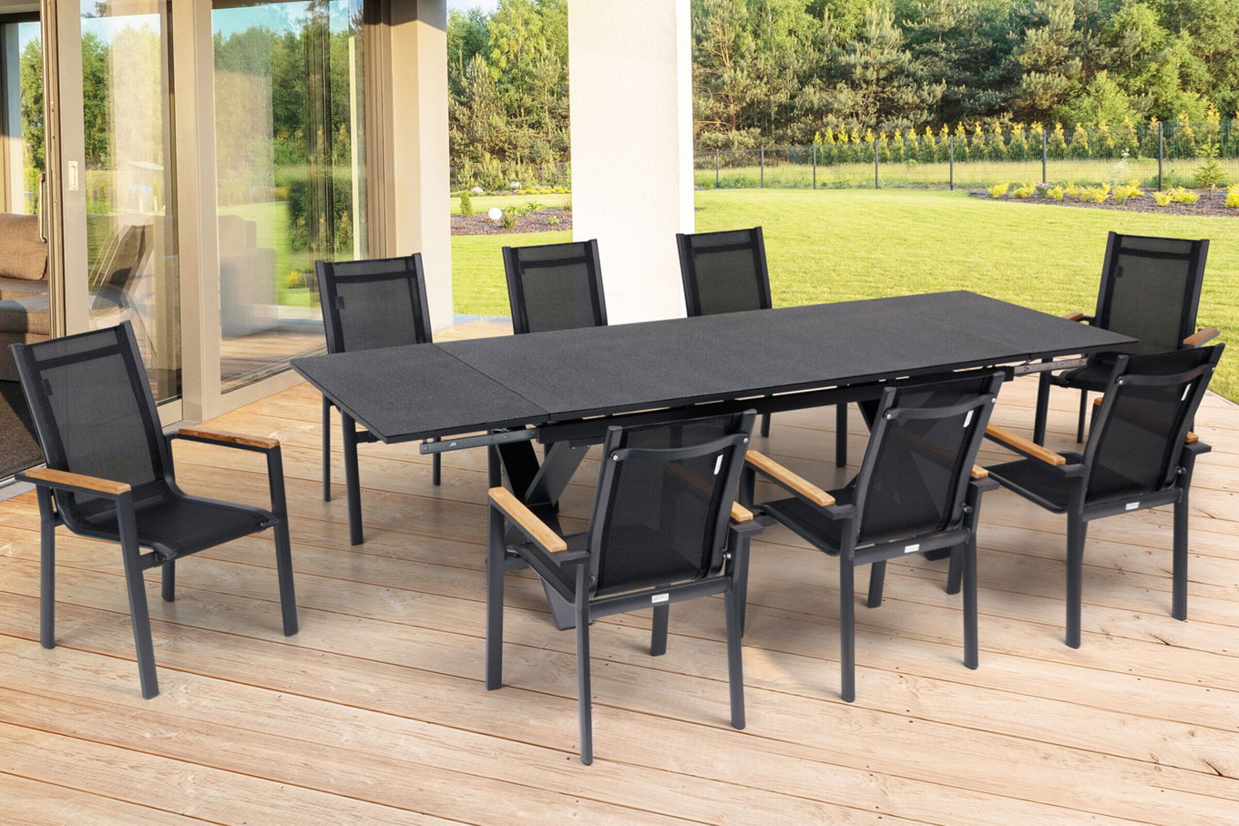 OUTFLEXX Salon de jardin repas, OUTFLEXX® anthracite mat, Alu / Spraystone / Teck, Table 180/280x100cm, 8 fauteuils empilables 22128__1