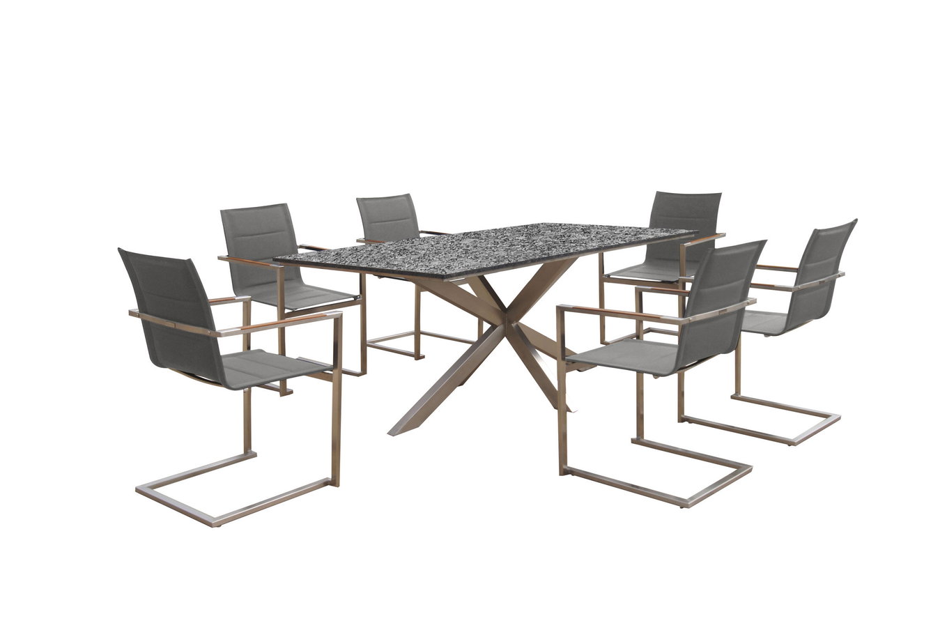 OUTFLEXX Ensemble de table à manger de jardin, argenté, acier inoxydable/granit/Textilène, 200x100 cm, 6 chaises cantilever, padded, accoudoirs en teck 22789__1