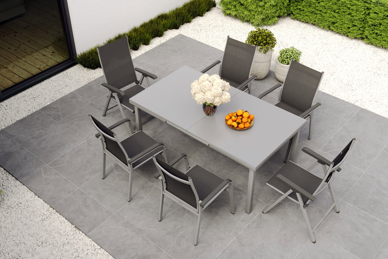 KETTLER BasicPlus Salon de jardin, argent, Alu/Textilène, Table 180/240x100cm, 4 fauteuils empilables, 2 chaises pliantes 19311__1