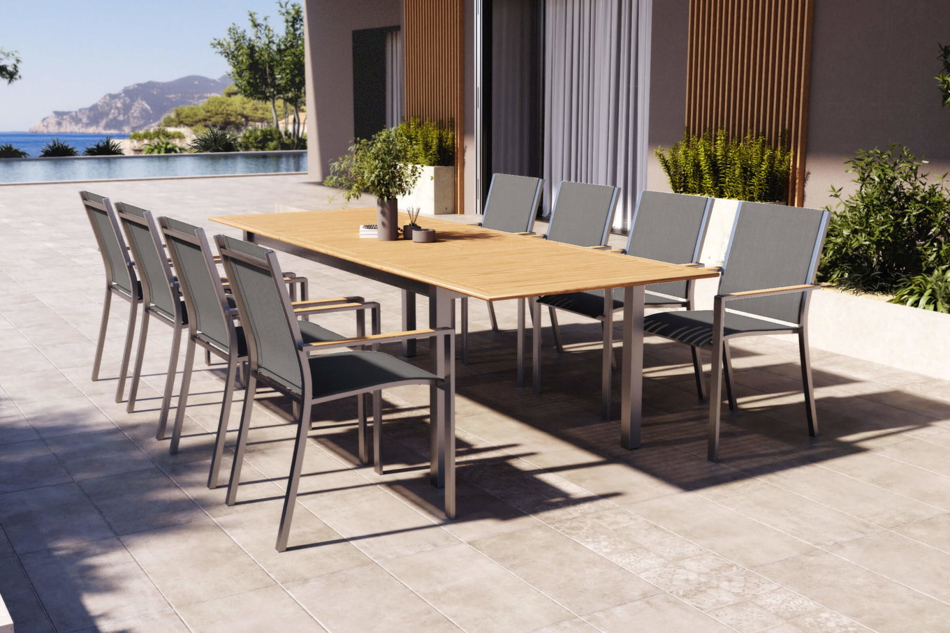 OUTFLEXX Glasgow Salon de jardin pour 8 personnes, acier inoxydable/Textilene, table extensible 200/300 x 100 cm, fauteuils empilables, produit certifié FSC® 80487__1
