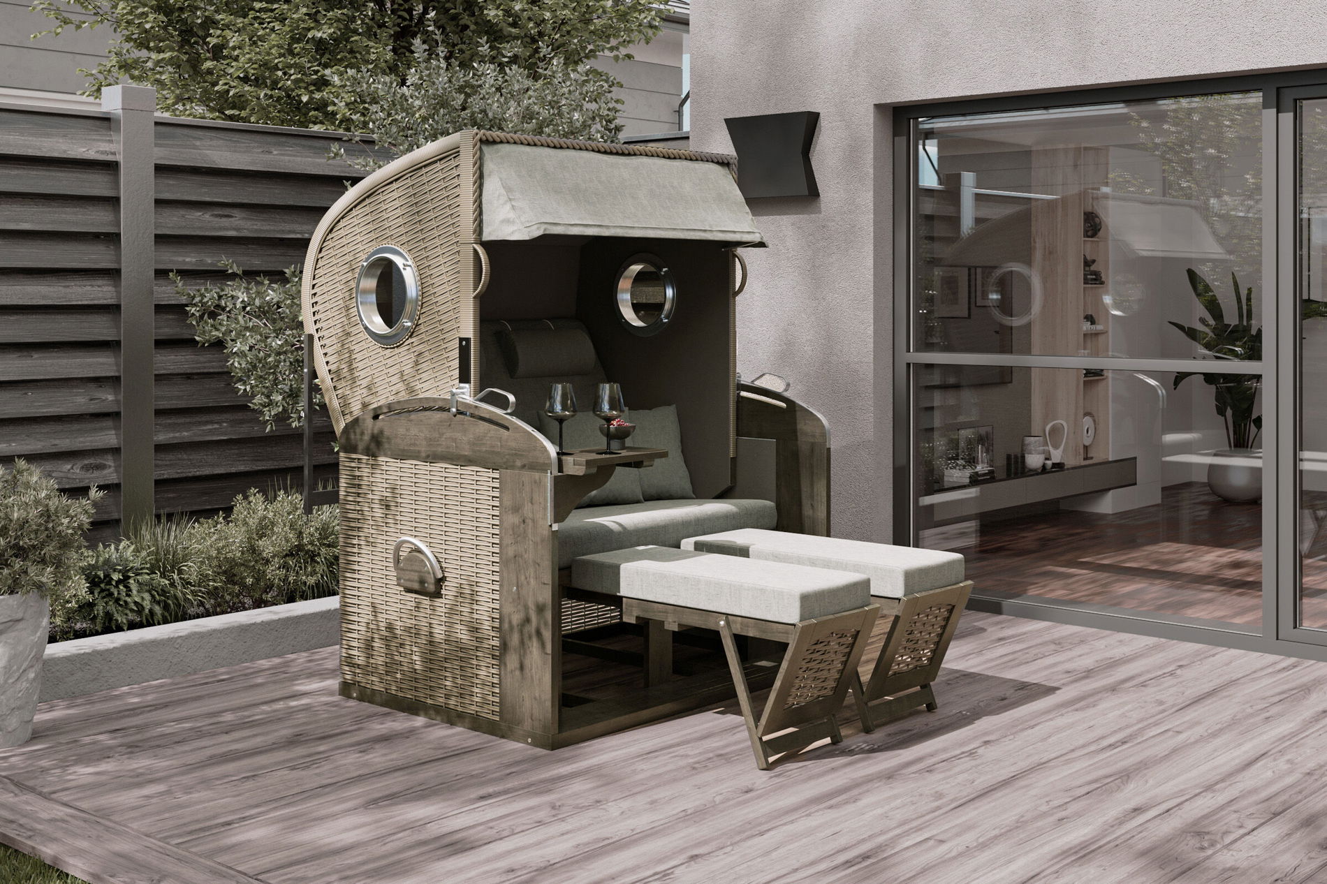 SUNNY SMART Rustikal 305 Z Comfort XL Corbeille de plage, stone-grey, tressage/bois de pin, incl. ressorts de rappel