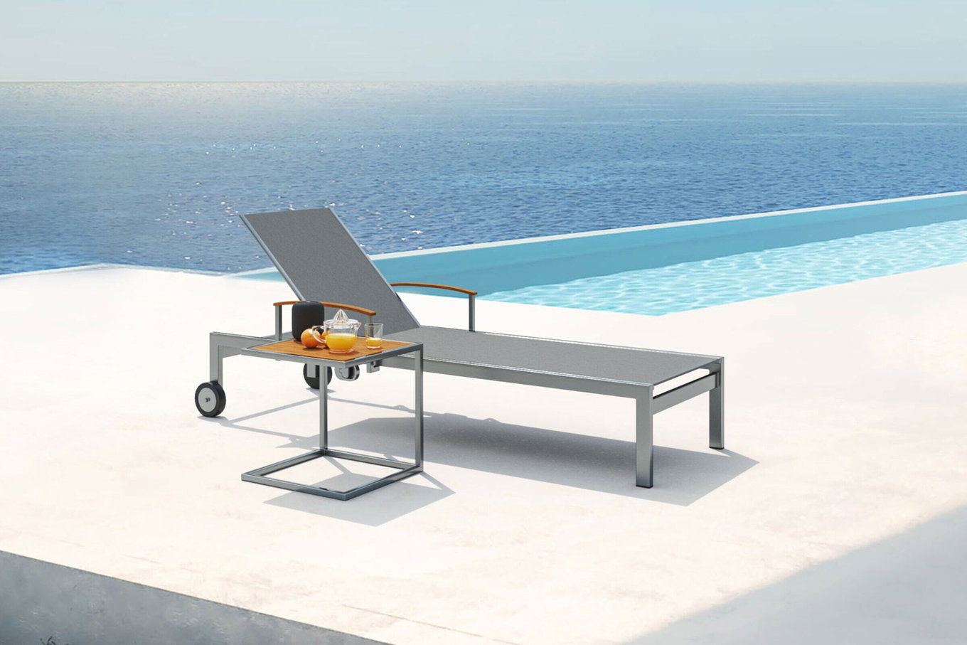 OUTFLEXX Ensemble de bains de soleil, taupe, acier inoxydable/teck, 195,5x74x35cm, avec accoudoirs, incl. table d'appoint 45x45cm, produit certifié FSC® 16547__1