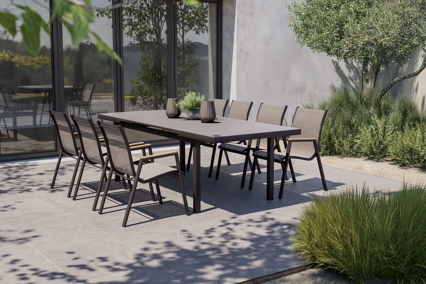 HARTMAN Aruba Teck Salon de jardin, xerix, Alu/Textilène, Table 180/240x100cm, 6 Fauteuils empilables 19339__1