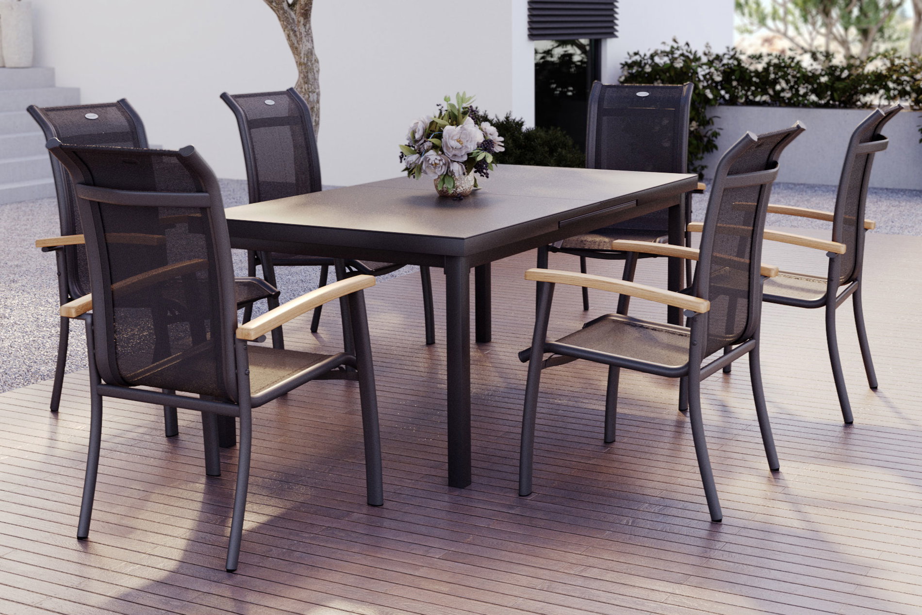 HARTMAN Alice Salon de jardin, xerix, Alu/4x4 Textilène, Table 180/240x100cm, 6 fauteuils empilables HARTMAN Alice Salon de jardin, xerix, Alu/4x4 Textilène, Table 180/240x100cm, 6 fauteuils empilables
