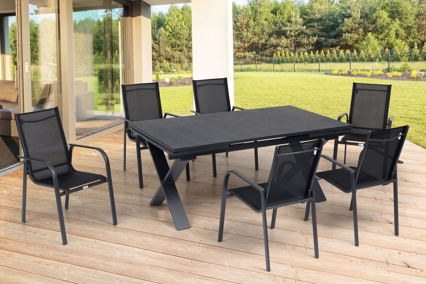 OUTFLEXX Ensemble repas de jardin, OUTFLEXX® anthracite mat, Alu / Spraystone / Textilène, Table 180/280x100cm, 6 fauteuils, empilables 22143__1