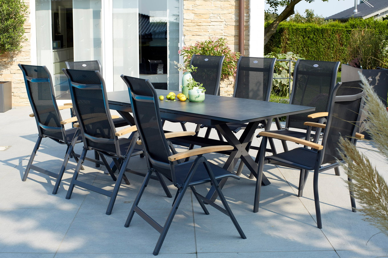 HARTMAN Xanadu/Alice Ensemble repas de jardin, xerix/naturel, Alu/Vitrocéramique, 4x4 Textiles, 2 Fauteuils Dining, 6 Chaises pliantes, 160/220x100cm, Accoudoirs Teck 23253__1