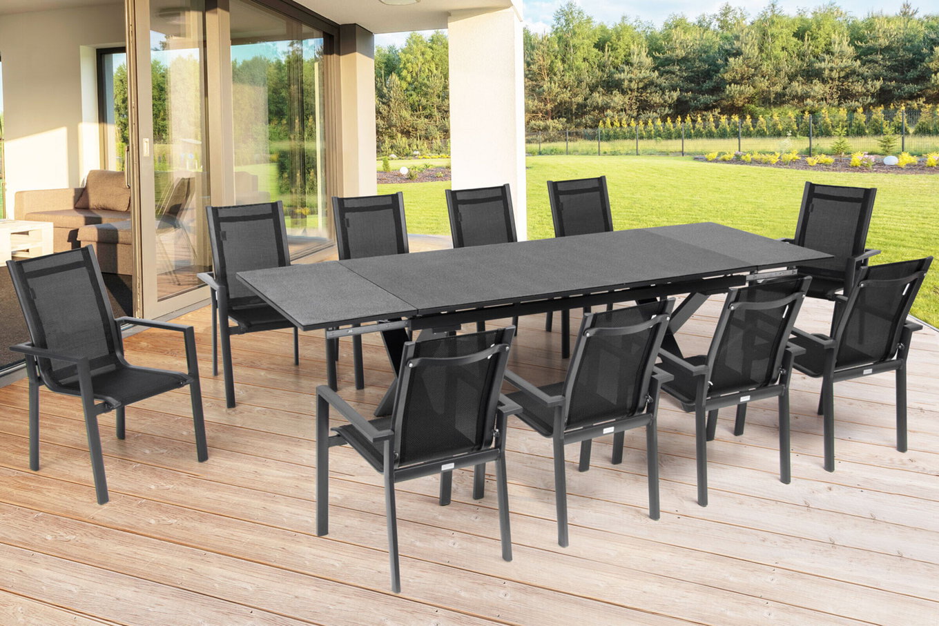 OUTFLEXX Groupe repas de jardin, OUTFLEXX® anthracite mat, Alu / Spraystone / Textilène, Table 180/280x100cm, 10 fauteuils empilables 22138__1