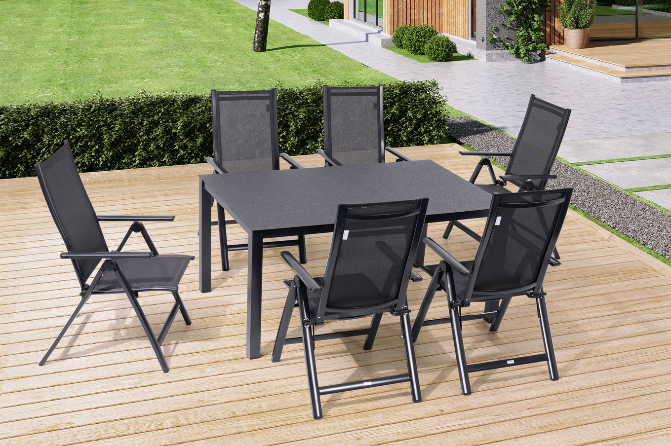 OUTFLEXX Salon de jardin à manger, anthracite, Alu/Spraystone/Textilène, 160x95 cm, 6 chaises pliantes 28176__1