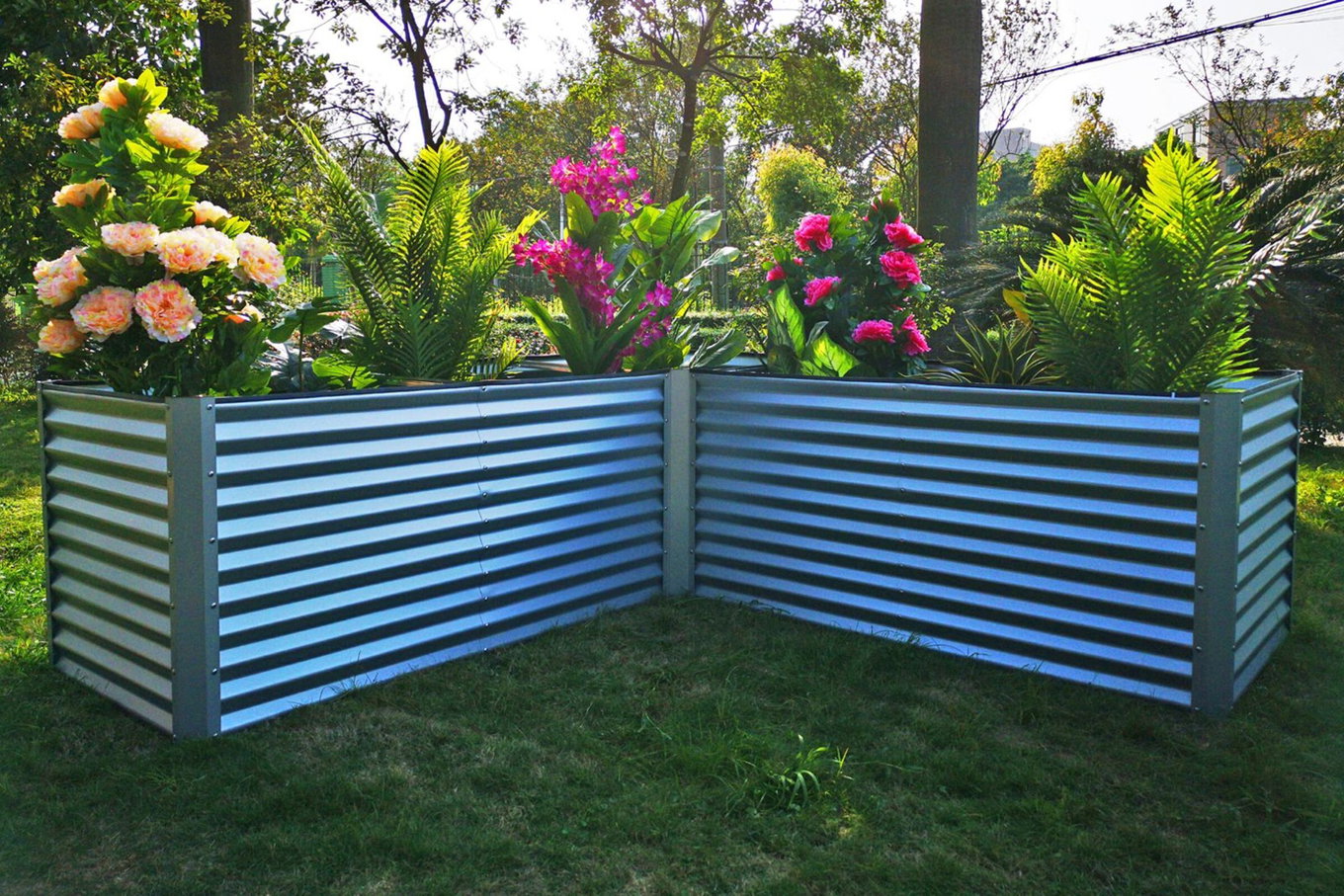 OUTFLEXX Carré potager d'angle, argent, acier aluminium-zinc, 270x270x90x84cm 18173__1