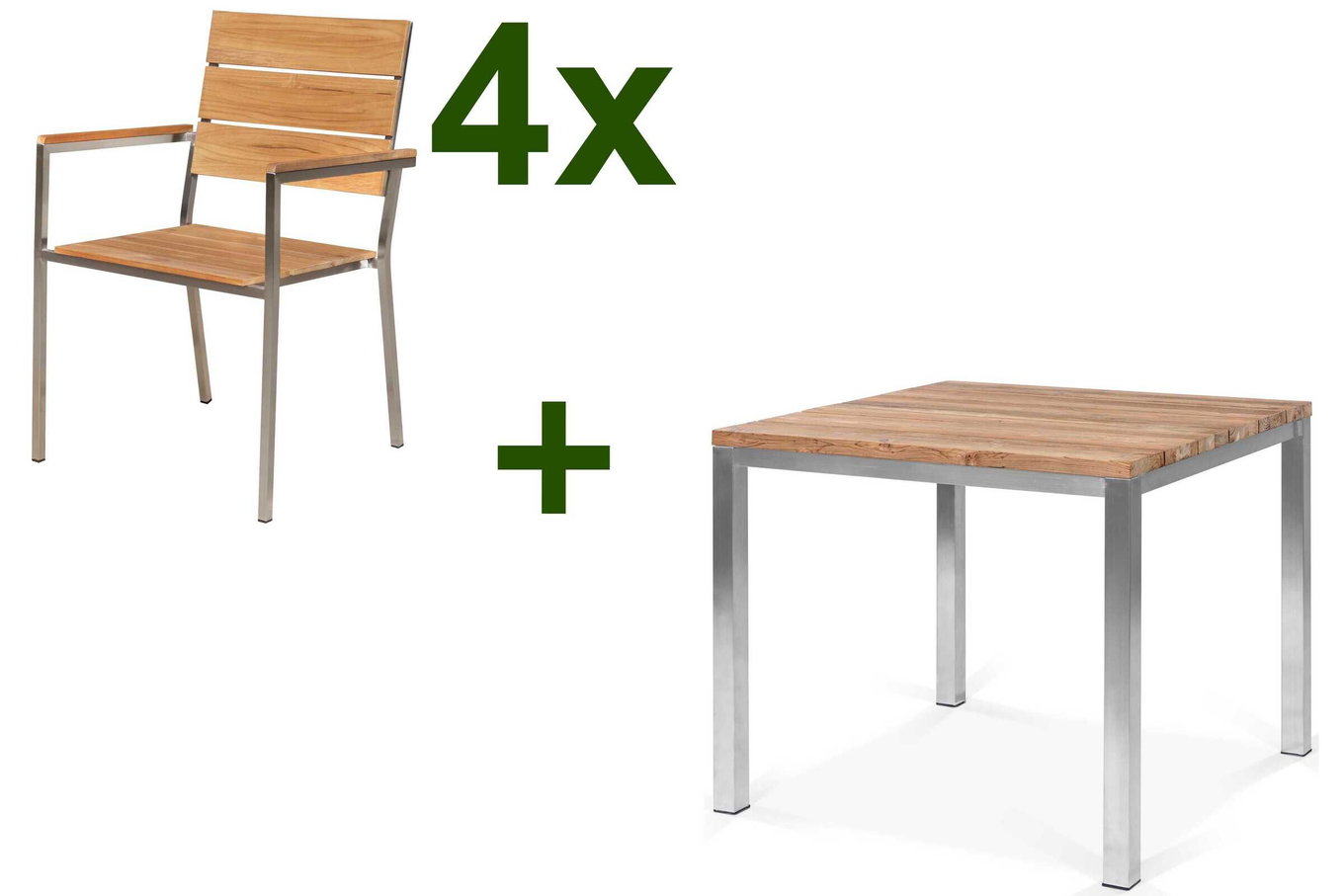OUTFLEXX Salon de jardin, argenté, acier inoxydable/teck recyclé, table 90 x 90 cm, 4 fauteuils empilables, produit certifié FSC® 17254__1