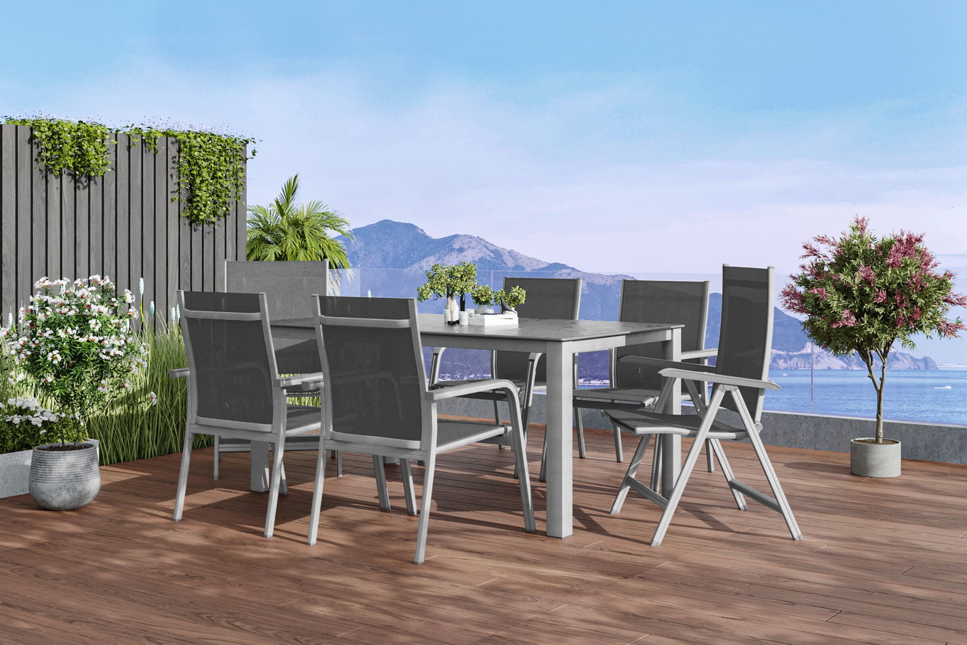 KETTLER Cubic/Basic Plus Ensemble repas de jardin, argent/anthracite, Alu/Textilène, table 160 x 90 cm, 4 fauteuils empilables, 2 chaises pliantes 28698__1