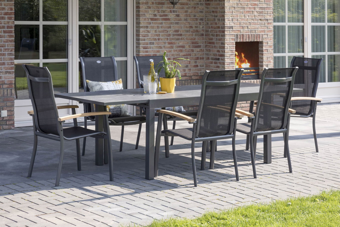 HARTMAN Alice Ensemble repas de jardin, xerix/naturel, Alu/Teak, 4x4 Textilen, 6 fauteuils empilables, 260/160x90cm 16897__1
