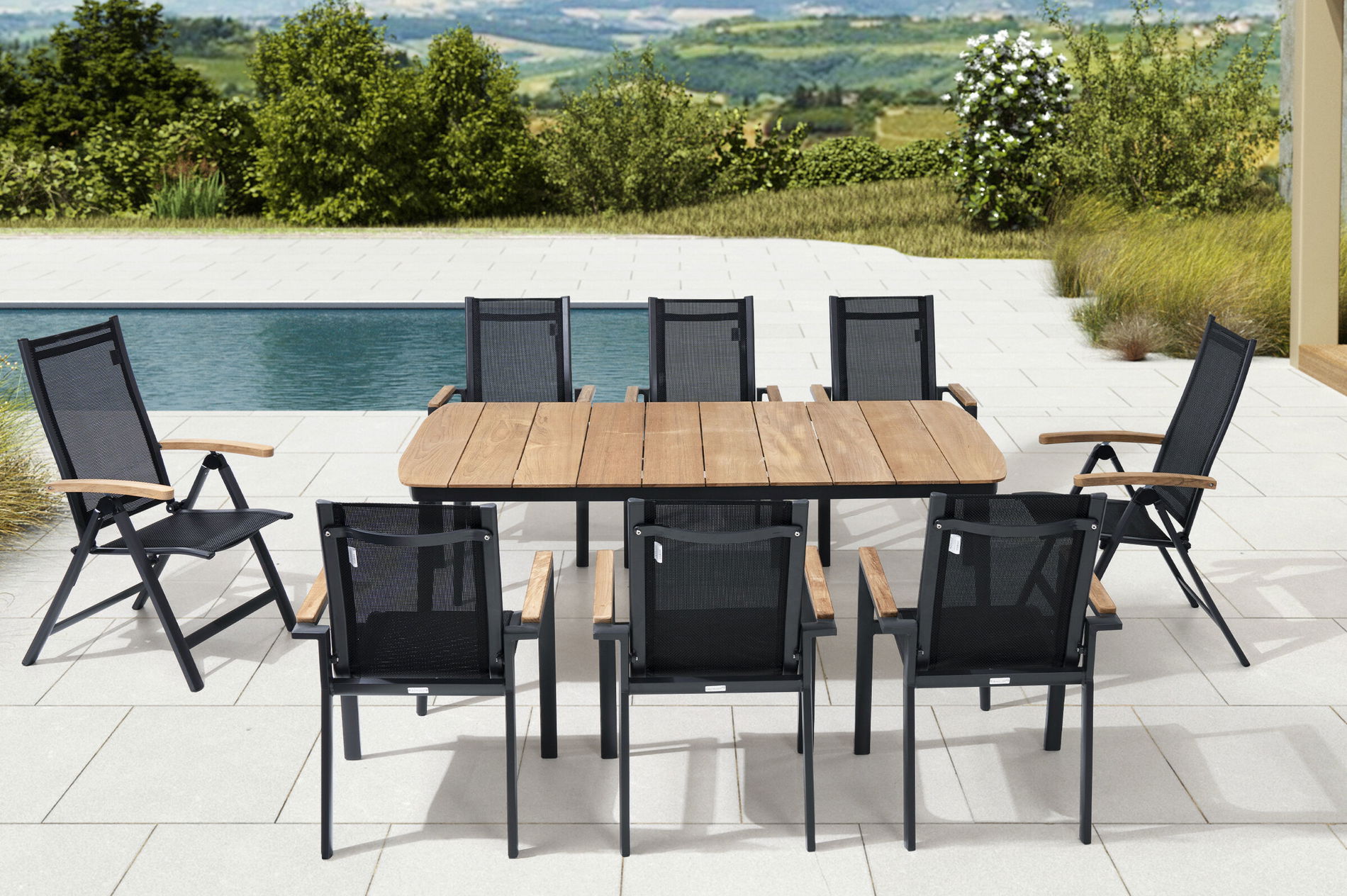 OUTFLEXX Groupe repas jardin, anthracite mat, Alu/Teck/Textile, 184x100 cm, 6 fauteuils, 2 chaises pliantes, accoudoirs teck 28206__1