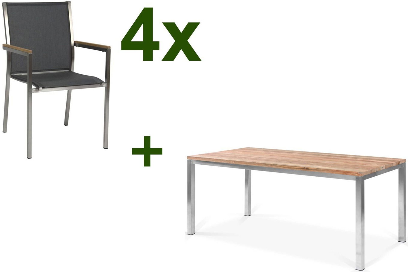 STERN Polaris Ensemble repas de jardin, gris argenté, Acier inoxydable/Teck recyclé, Table 180 x 90 cm, 4 Fauteuils empilables, Produit certifié FSC® 18094__1