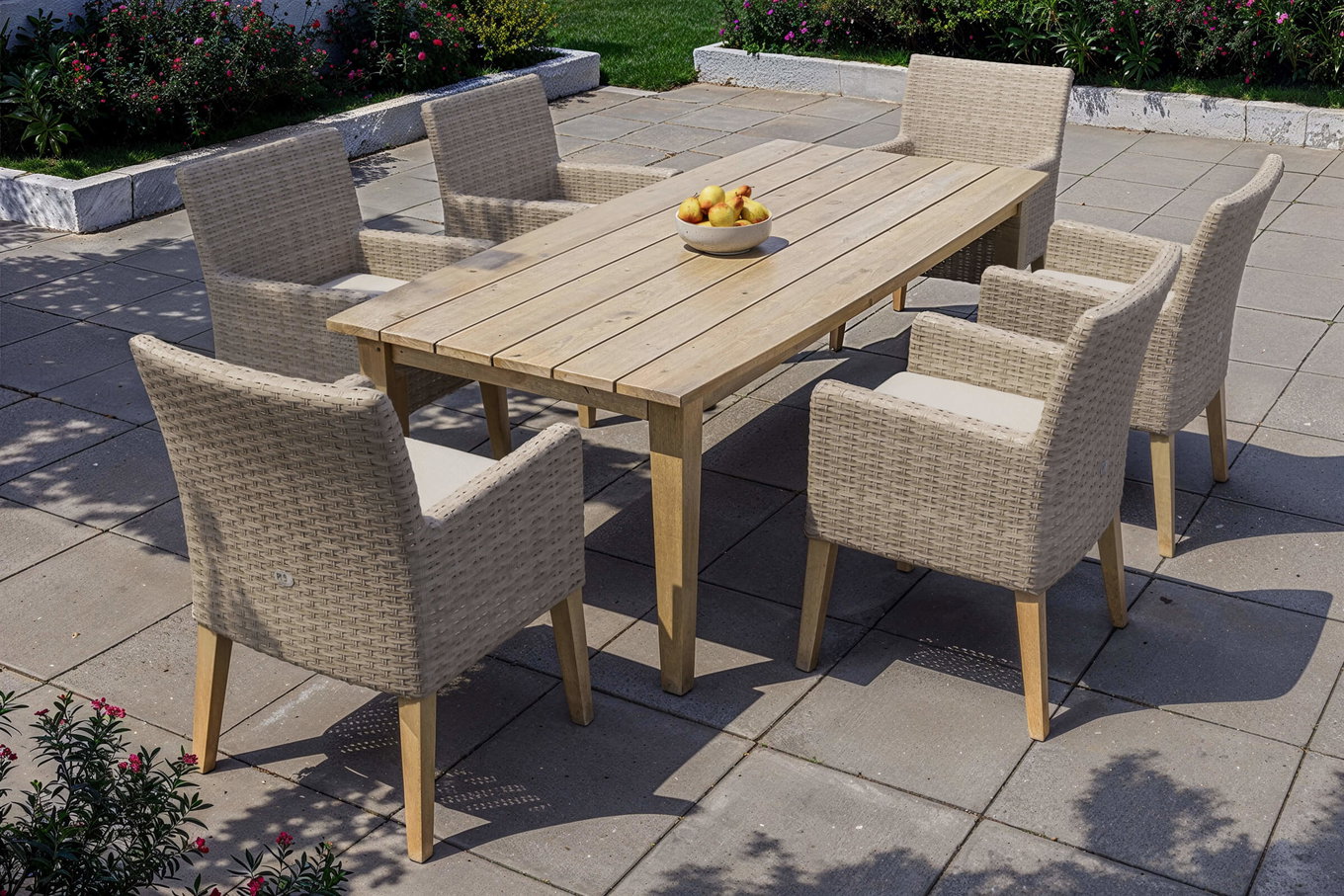 Ploß Borneo Ensemble repas de jardin, beige chiné, résine tressée/acacia, table 220 x 100 cm, 6 fauteuils champêtres, produit certifié FSC® 22683__1