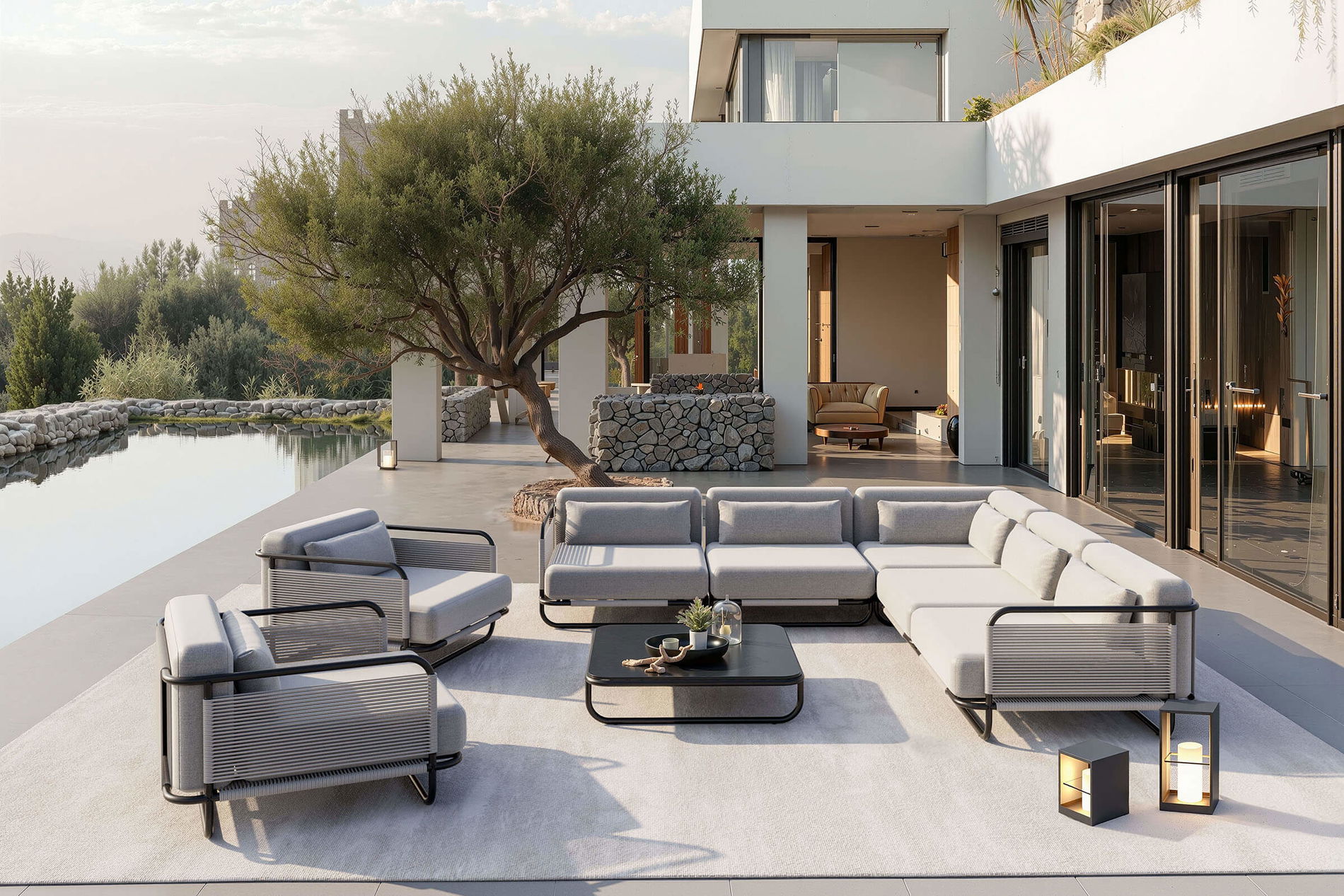 LOOKS by Wolfgang Joop Tempest Salon de jardin XL, gris clair/anthracite, Alu/Tressage Rope, Table d'appoint avec plateau en verre, thermolaqué, résistant aux intempéries, design moderne