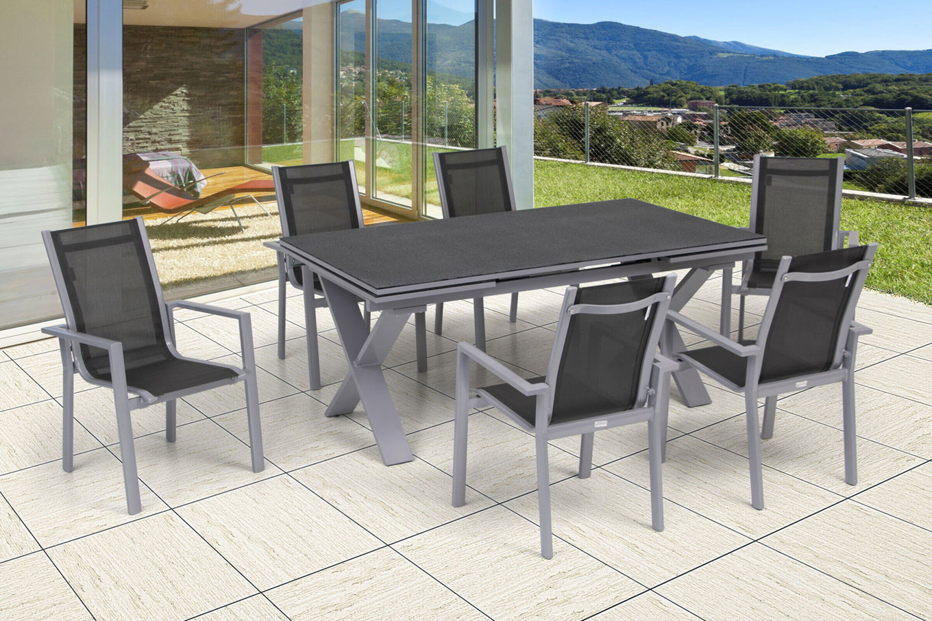 OUTFLEXX Salon de jardin, argent, Alu / Spraystone / Textilène, table 180/280x100cm, 6 fauteuils empilables 22214__1