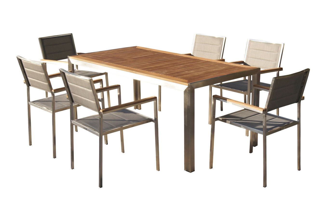 OUTFLEXX Ensemble repas de jardin, argent, acier inoxydable/teck, table à manger 180 x 90 cm, 6 chaises empilables rembourrées 14191__1