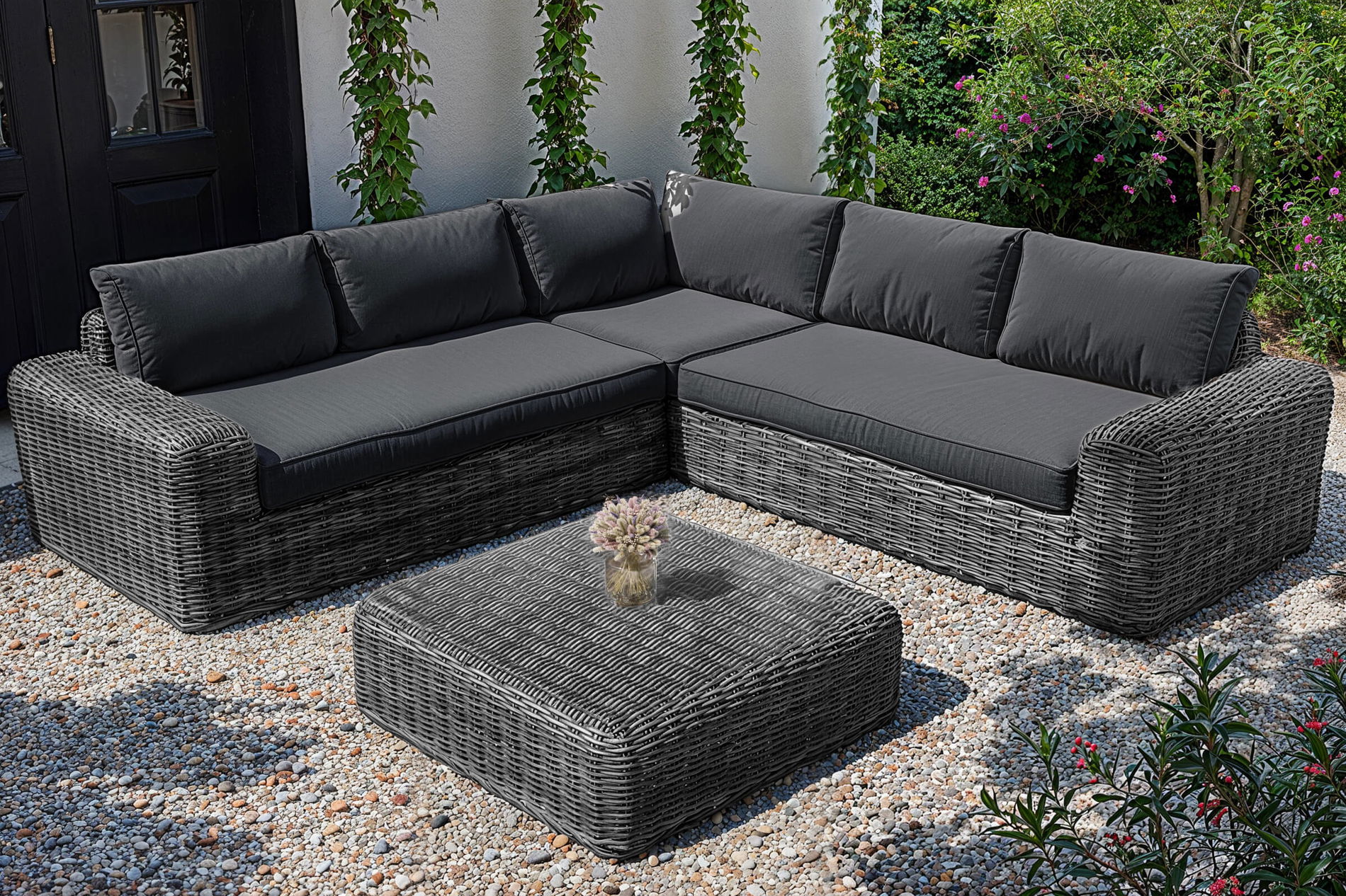 OUTFLEXX Salon d'angle, gris blanc/anthracite, polyrésine, 6 personnes, avec table/pouf 90 x 90 cm et coussins Olefin anthracite