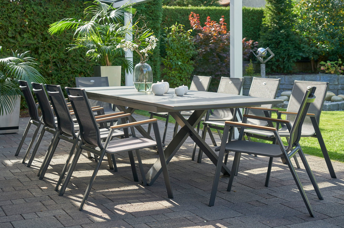 HARTMAN Modèle spécial Xanadu / Aruba Set, xerix/anthracite, Alu/Vitrocéramique, 10 fauteuils empilables, 220/280x100cm 21128__1