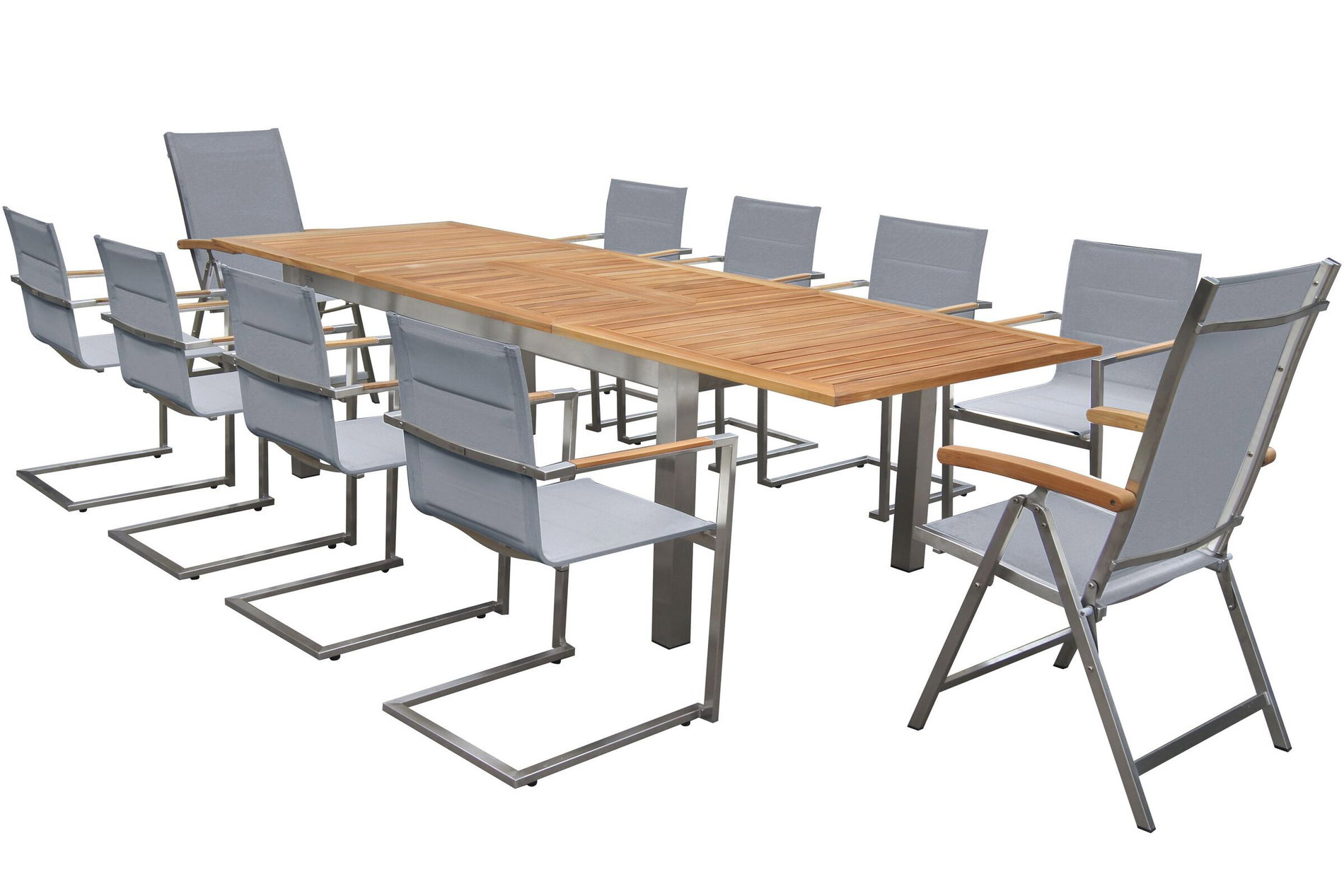 OUTFLEXX Ensemble repas de jardin, argenté, 200/300 x 100 cm, acier inoxydable/teck, table extensible, 8 chaises rembourrées, 2 chaises pliantes, produit certifié FSC® 14162__1