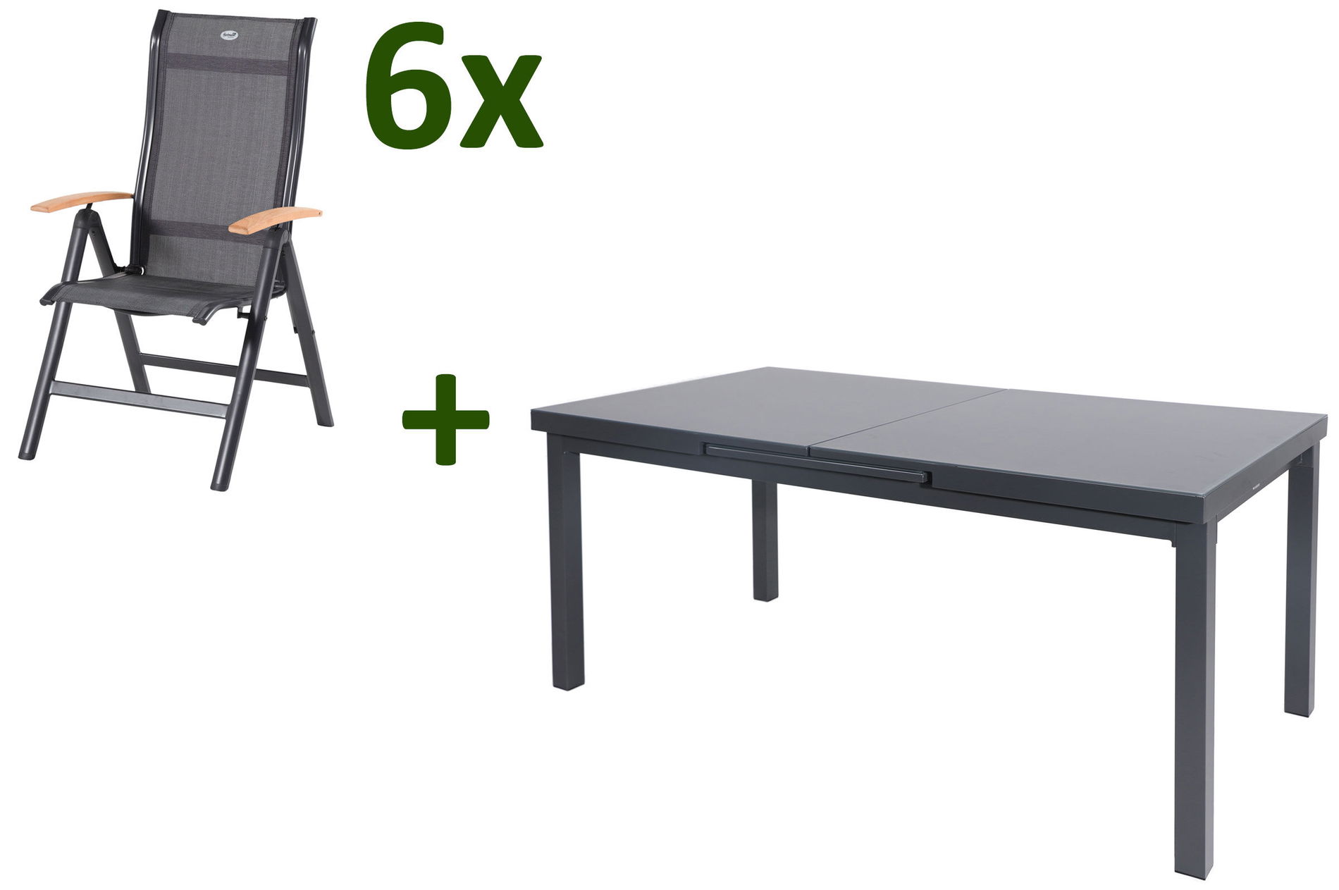 Ensemble repas de jardin HARTMAN Alice, xerix/anthracite, Alu/Verre de sécurité/2x2 Textilène, 180/240x100 cm, 6 chaises pliantes, extensible 28407__1