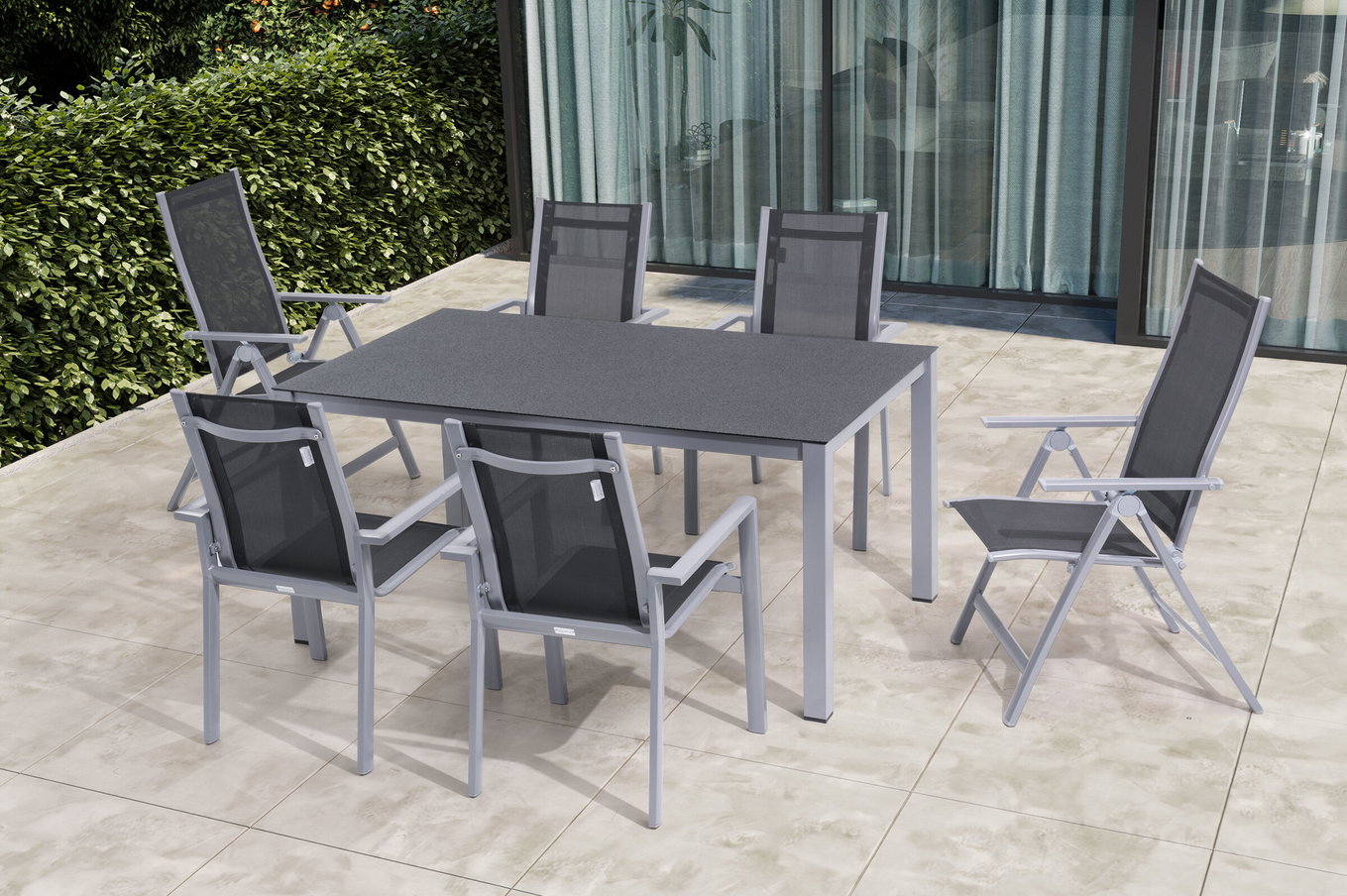 OUTFLEXX Salon de jardin, argent/anthracite, Alu/Spraystone/Textilène, 160 x 95 cm, 4 fauteuils empilables, 2 chaises pliantes 28174__1