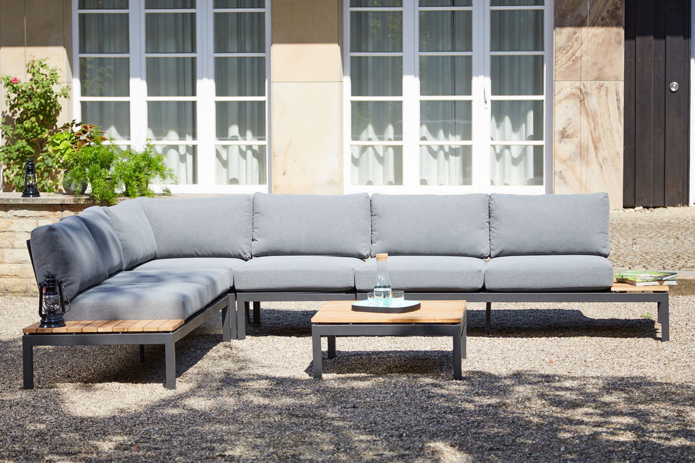 SIENA GARDEN Alvida salon de jardin, anthracite mat/gris, Alu/Tissu Ranotex®/Teck, Table 74x74 cm, 5 Personnes, coussins inclus 22093__1
