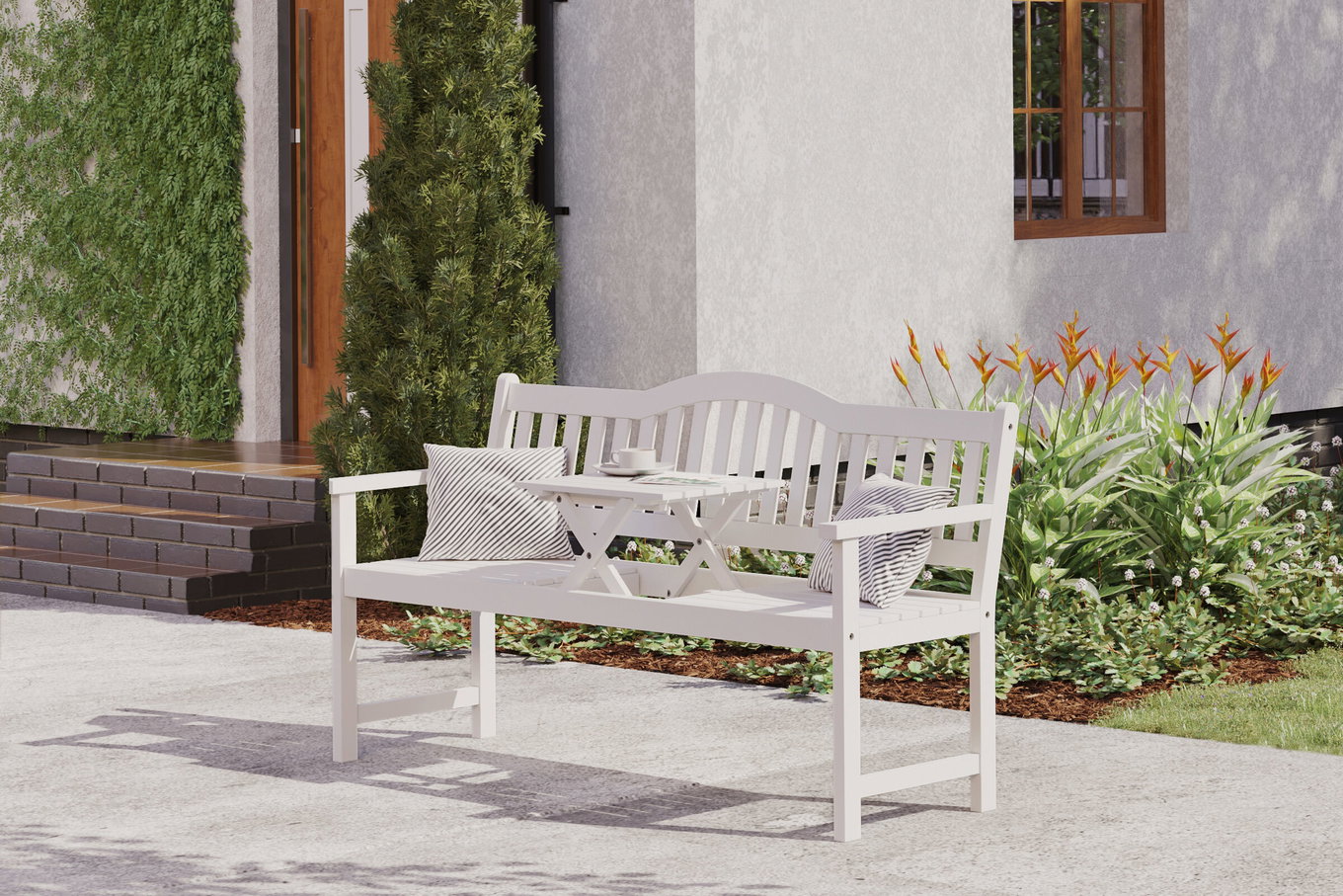 VILLANA Banc de jardin, blanc, acacia, 152 x 59 x 86 cm, 2-3 personnes, fonction table pliante, produit certifié FSC® 13851__1