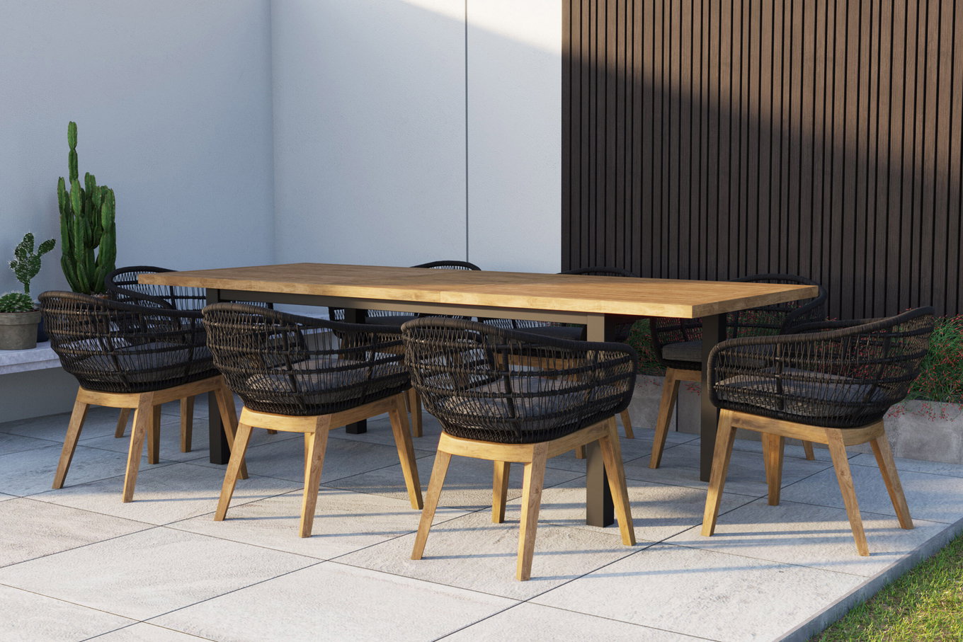 OUTFLEXX Oxford Salon de jardin, anthracite/naturel, acier inoxydable/teck recyclé/corde, 200/260 x 100 cm, 8 fauteuils, produit certifié FSC® 24309__1